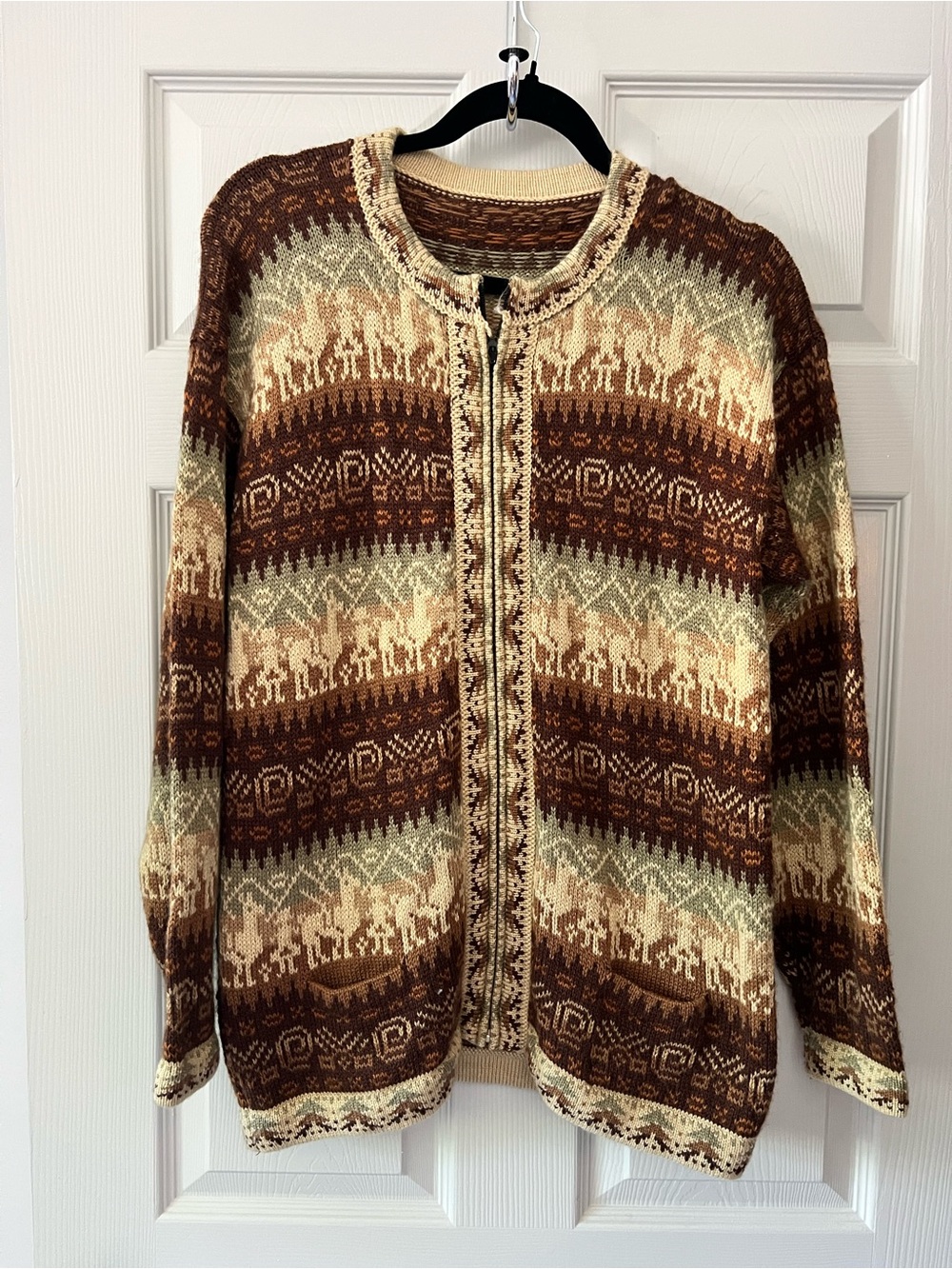 Handmade Peruvian Alpaca Brown & Cream Patterned Zip-Front Sweater